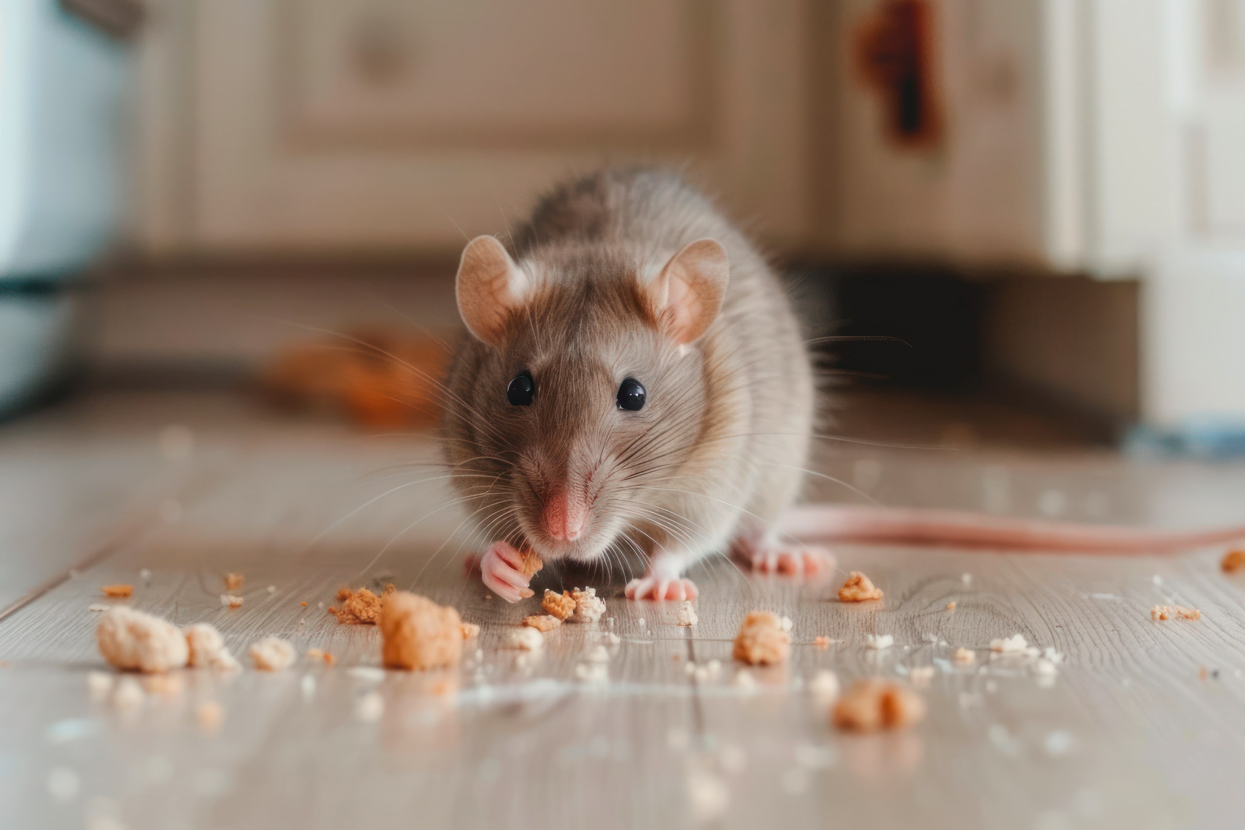 Ratte im Haus frisst am Boden Brotkrümel.